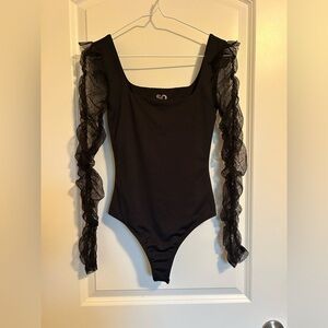 SO Black Bodysuit with Sheer Lace Sleeves long sleeve